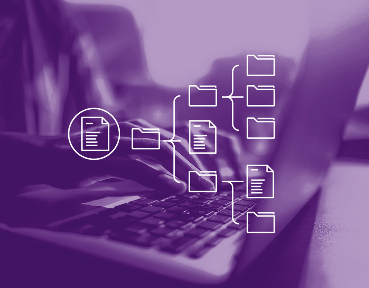 Foto con gradiente viola dove sullo sfondo si vedono delle mani che scrivono su un pc e davanti in primo piano delle icone bianche che raffigura un flusso con fogli di lavoro e cartelle