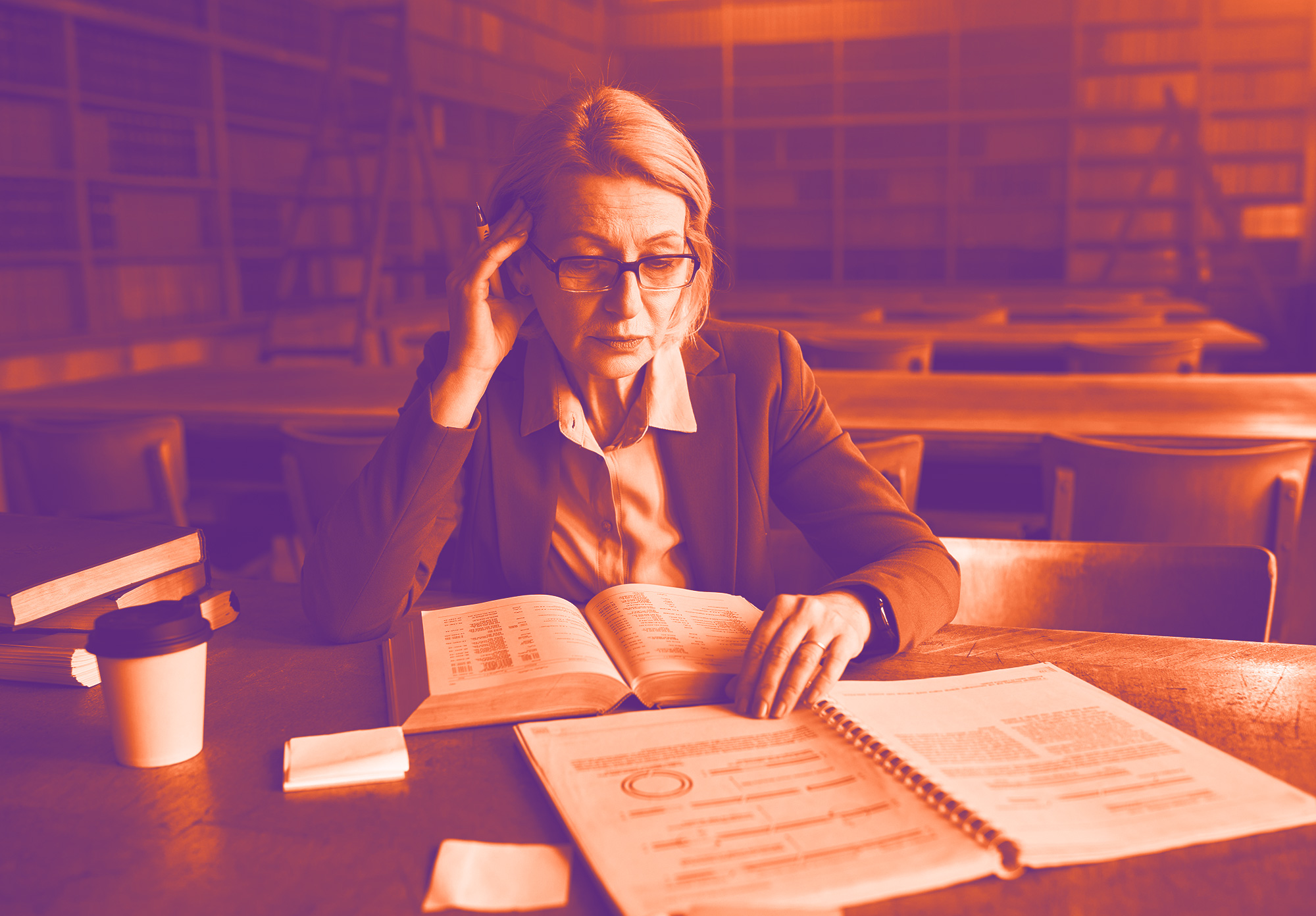 foto con gradiente arancione e viola con signora matura bionda seduta su un tavolo che studia dei libri e dei fascicoli. sullo sfondo altri tavoli e una libreria