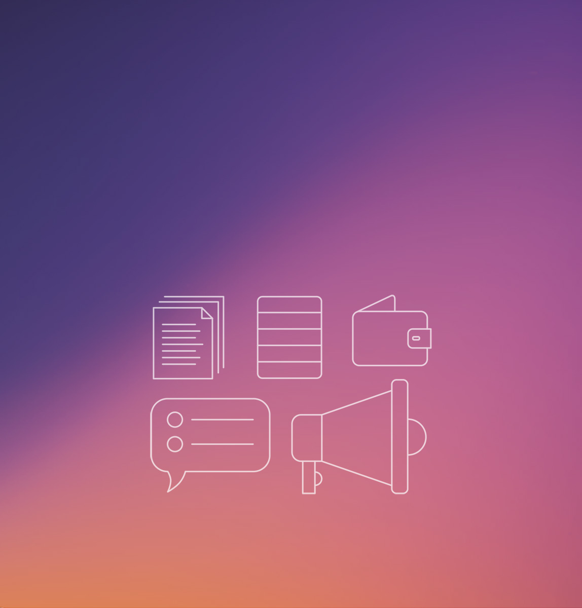 sfondo con gradiente viola, rosa, arancione e 5 icone che rappresentano il CRM