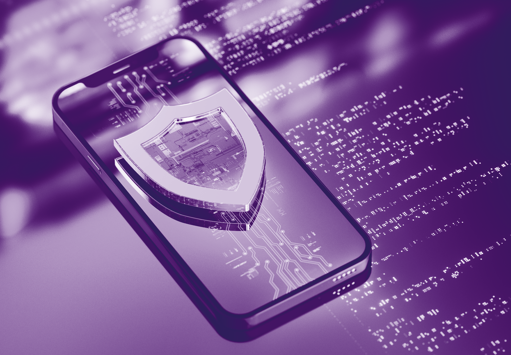 foto con sfondo viola con un cellulare con le linee tipiche delle connessioni e sopra uno scudo di protezione per simboleggiare la protezione dei dati