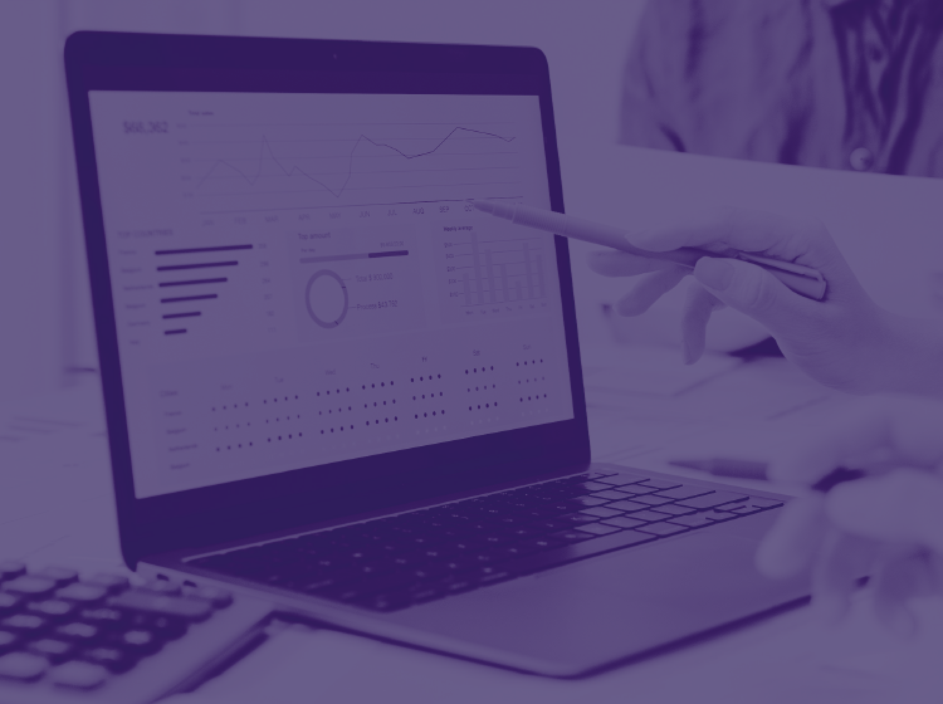 immagine sfondo viola con un pc dove vengono rappresentati dei grafici della Business Intelligence e una mano con una penna che indica sul monitor del pc