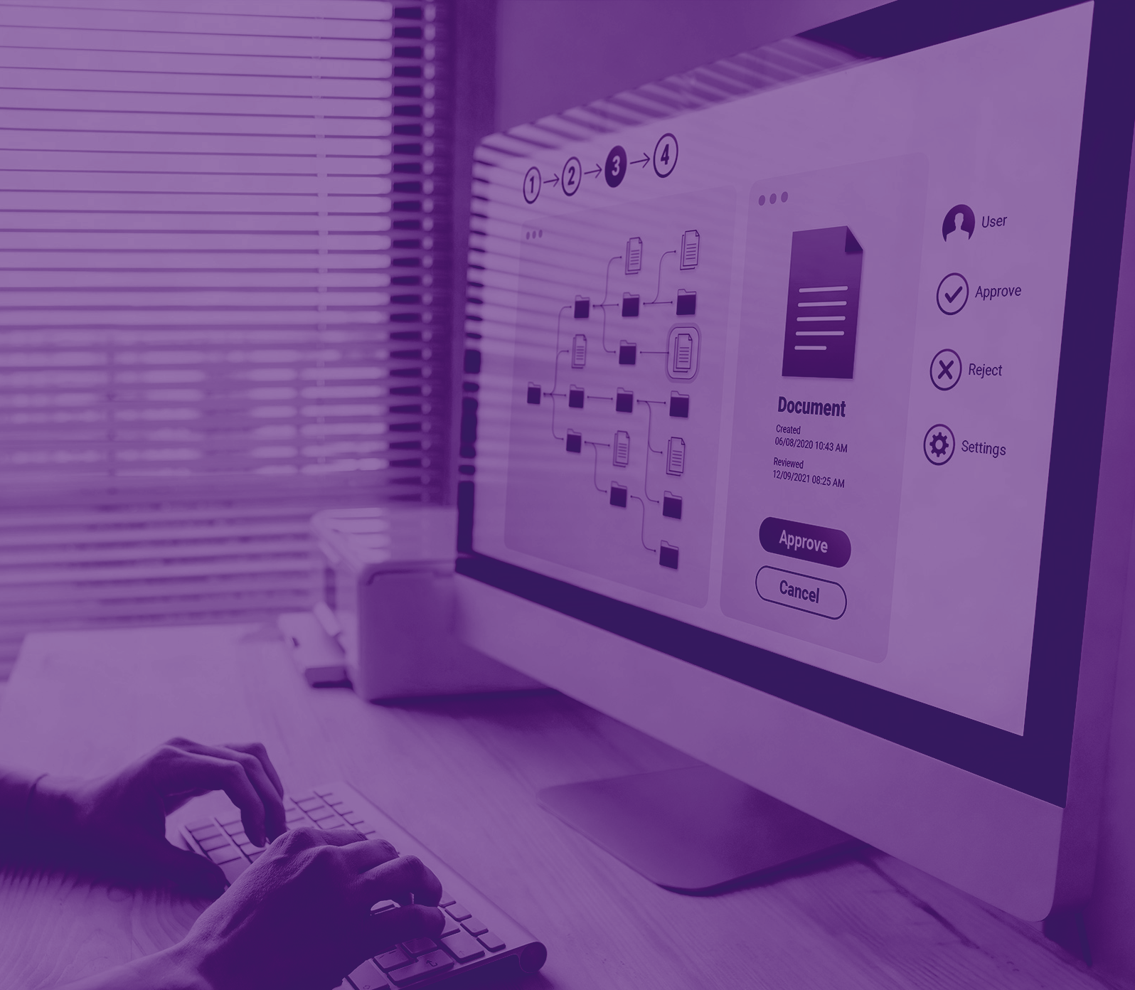 foto con gradiente viola con un pc sulla destra dove sullo schermo si vedono flussi di lavoro tipici del crm e poi sulla sinistra ci sono delle mani che scrivono alla tastiera