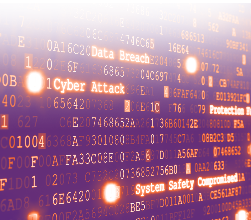 foto viola con scritte di codici syber in arancione, più o meno evidenti. Alcune parole sono scirtte più forti tipo Cyber security, data breach, cyber attack, system safety compromised