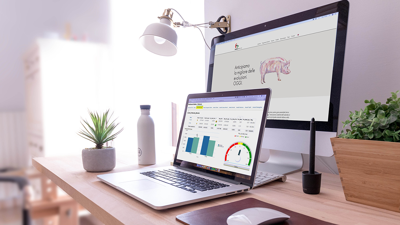 immagine che rappresenta una scrivania con due pc dove nel prima si vedono delle schermate di BI di Goland e in quello dietro la home del sito del cliente