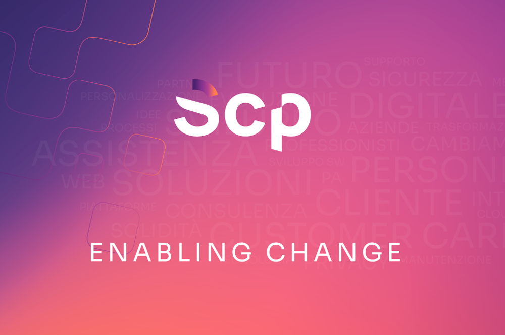 gradiente scp con pixel , parole sullo sfondo, logo Scp e Enabilng Change