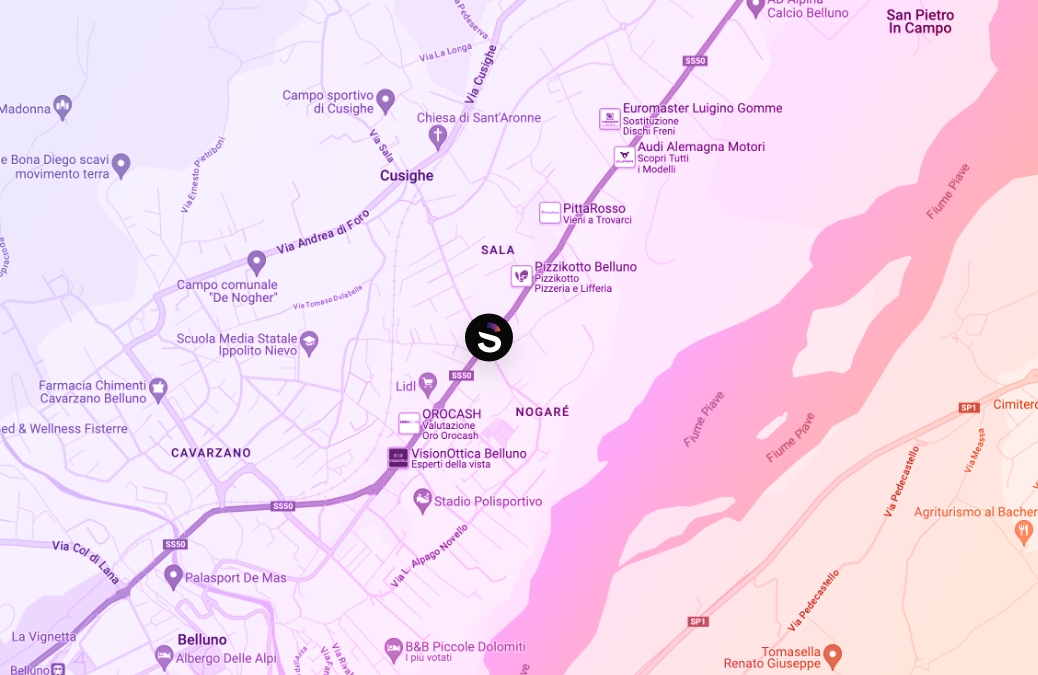 mappa di belluno con sfondo viola e rosa e pin sulla sede di Scp Belluno