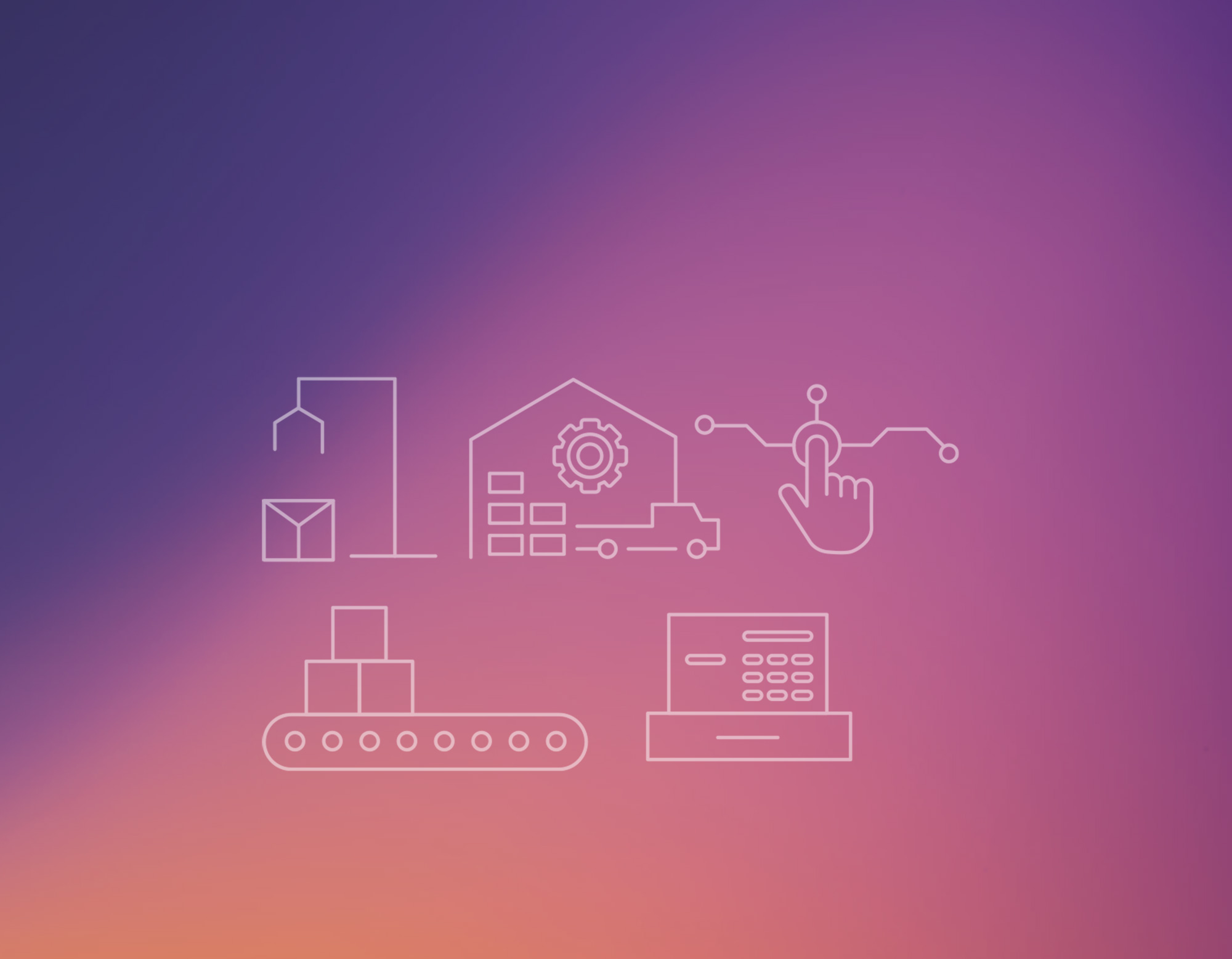 gradiente viola, rosa e arancione con in primo piano 5 icone che rappresentano in mondo degli ERP