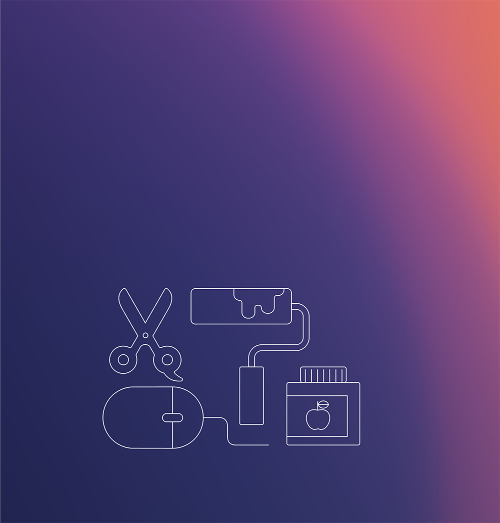 sfondo gradiente viola e rosa con in primo piano 4 icone bianche che rappresentano un mouse, delle forbici, un pennello e un vasetto con una mela