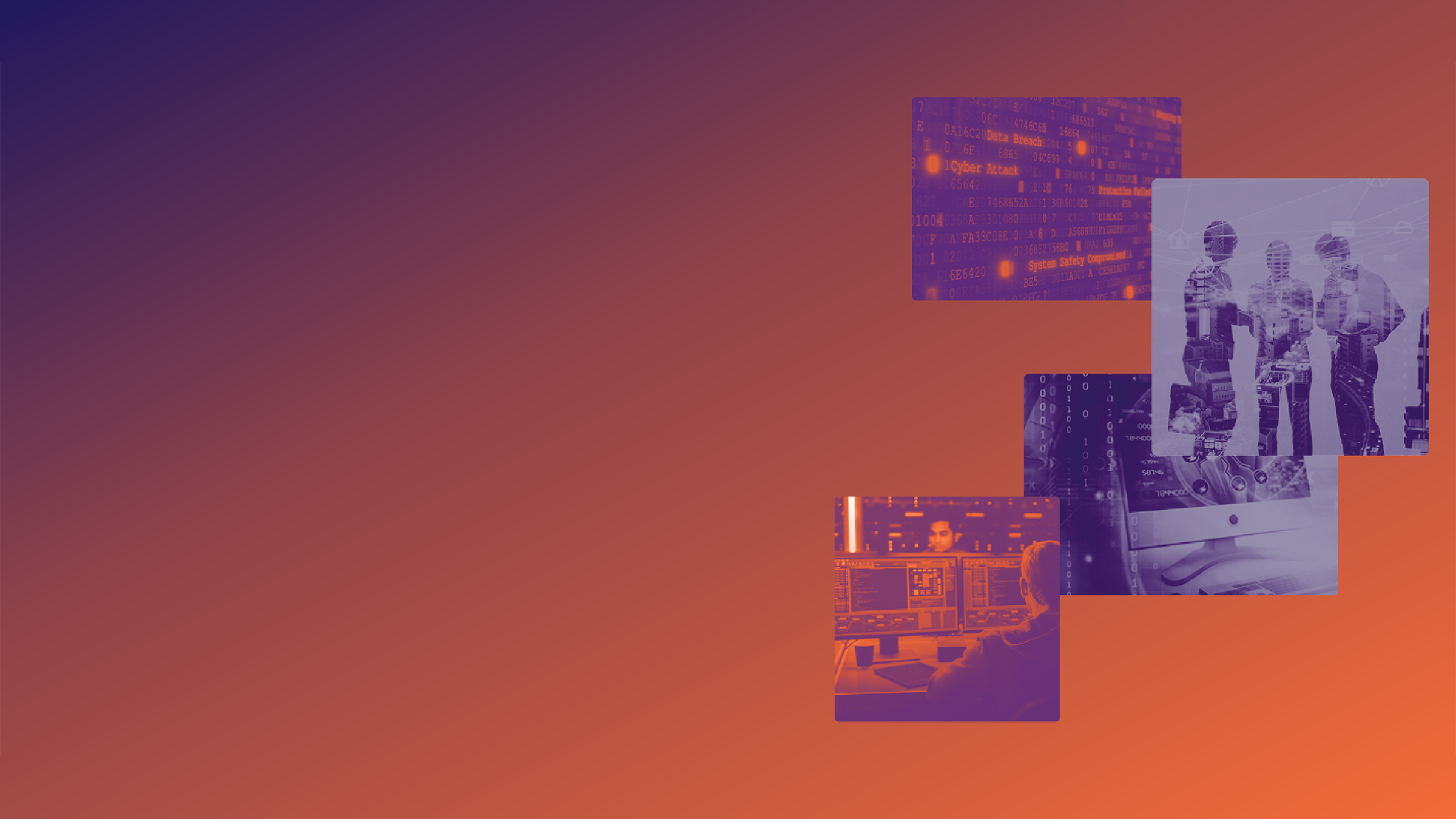 sfondo arancione con 4 immagini: monitor con codice, 3 uomini stilizzati, un pc con numeri e codice e uomini che lavorano al pc